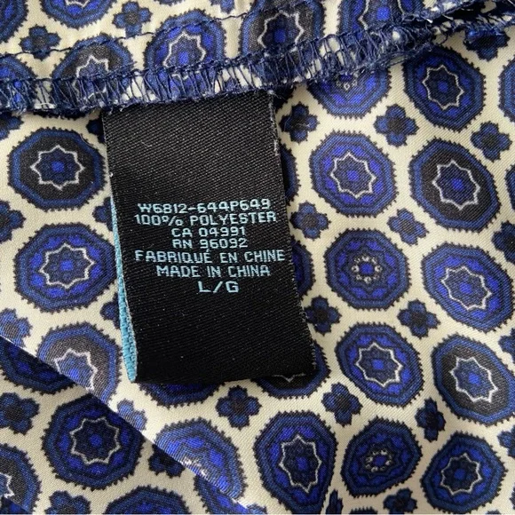 CYNTHIA ROWLEY NAVY AND CREAM GEOMETRIC PRINT FLOWY TOP/BLOUSE, LARGE - Picture 11 of 11